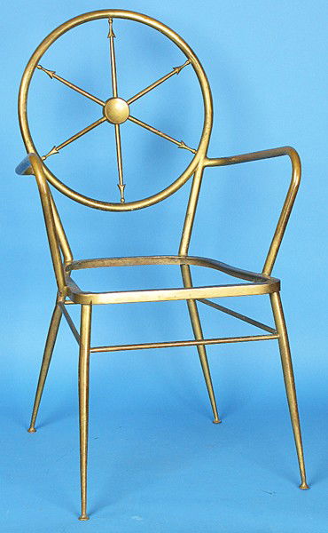 Gio Ponti (attribution) Arm Chair: Brass ship wheel , tapered legs and stretchers Size: D