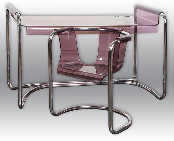 Fabio Lenci Writing Desk & Chair: Perspex, designed in 1970, Make by Ill Form, Italy, chrome plated, tubular steel, cast perspex, Italian label on bottom Size: 32H x 26D x 52L, Chair 28H x 24W x 20.5D