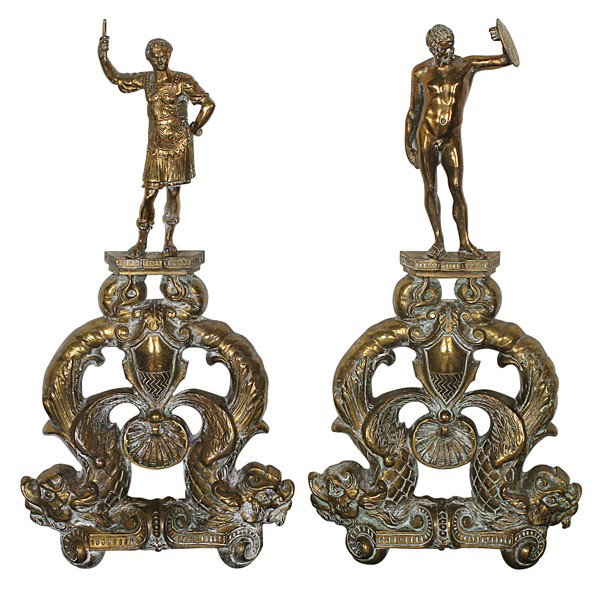 Pair Bronze Figural Andirons: Soldiers standing on dolphin base Size: 25.75