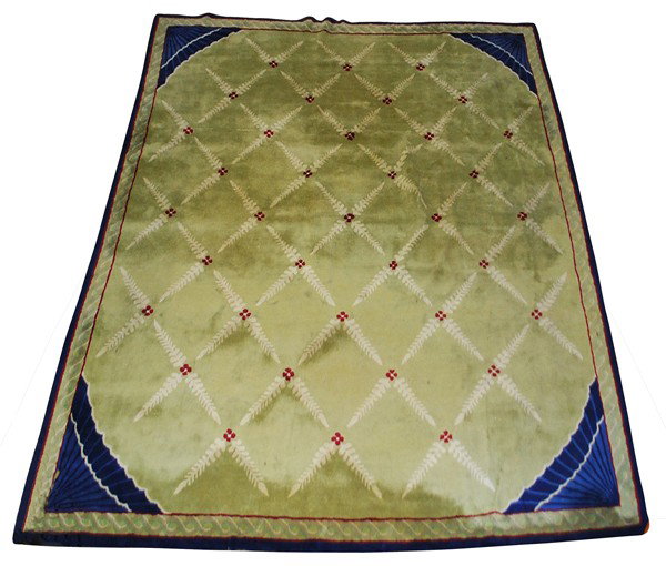 V'Soske Attribution: Awesome designer rug with green center, blue & ivory corners, green & ivory border with ivory & red petals, formally used in the Taft Museum Size: 13 x 15