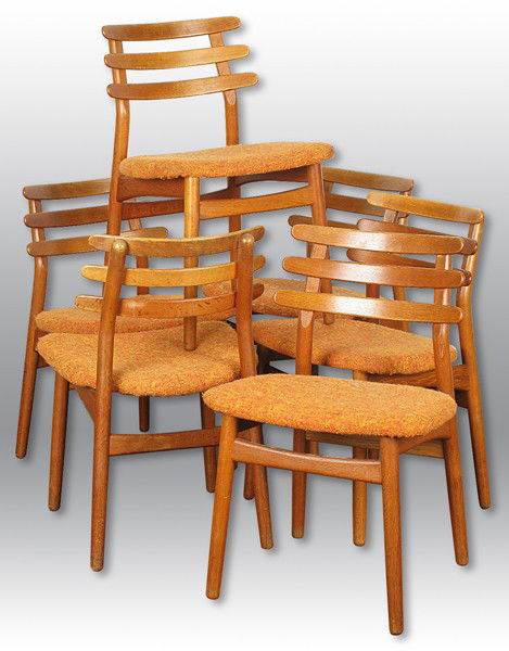 Poul Volther Dining Chairs: Six Teak curved slat back, original upholstery, George Tanier Selection Size: 30.25H x 20W x 18.5D