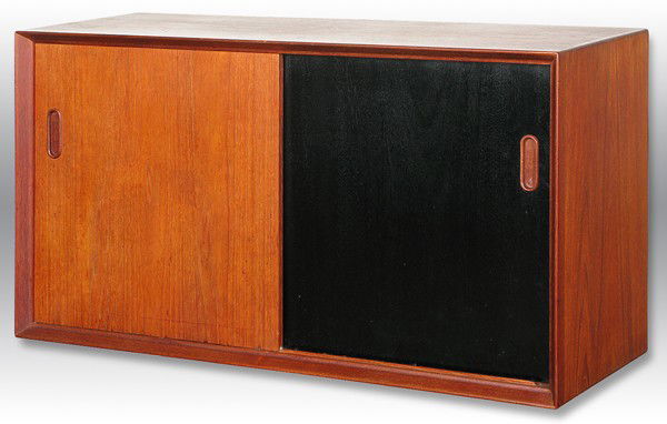 Arne Vodder Wall Cabinet: Teak, two sliding doors, one ebony, originally ordered to hang on wall, never used, George Tanier Selection Size: 19.5H x 36W x 13D