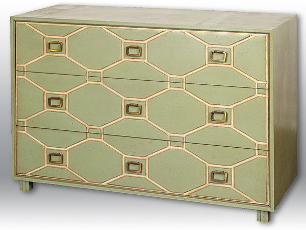 Dorothy Draper Chest: Original green lacquered, gold accent, brass hardware, Venesse Collection for Henredon, USA/1960'so Size: 44W x 30.5H x 18D