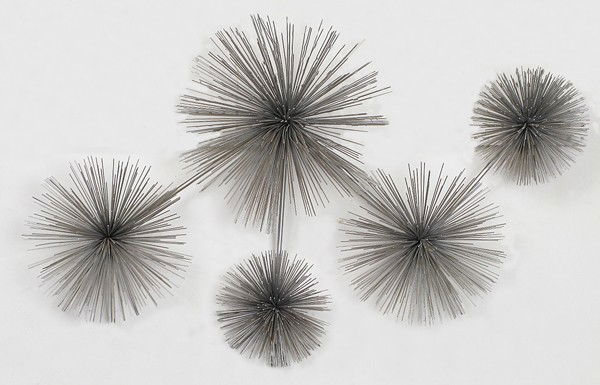 Curtis Jere Wall Sculpture: Five sunburst joined together by rods, can be hung various ways Size: 41W x 27H x 9D