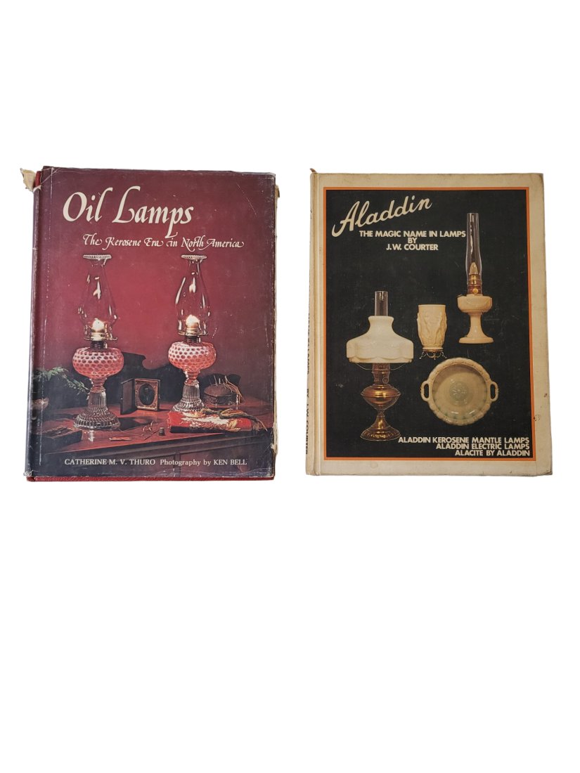 Assembled Antique Oil Lamp Coffee Table Books: "Oil Lamps, The Kerosene Era in North America" by Catherine M. V. Thuro. "Aladdin, Magic Name in Lamps," J.W. Courter.