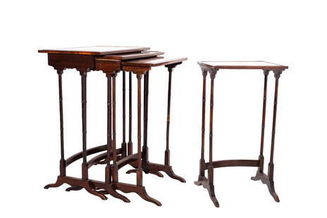 Mahogany Nesting Tables: Nesting Tables. Set of 4, rectangular raised tops over turned legs and stretchers. Largest- 19 1/2w x 13 1/2d x 27 1/2h.