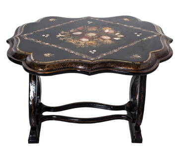 19th Century MOP Layer Cocktail Table: Cocktail Table. Circa 1860-1880 with raised scalloped top with hand painted floral motif and mother of pearl inlay. Top is supported by lyre supports, brass rods, curved stretchers resting on sled