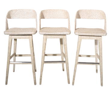 Woven Cane swivel Bar/Counter Stools: Bar/Counter Stools. Set of 3. Wicker sculptured backs on white washed legs with metal foot plate. 18w x 16 1/2d x 41 1/4h, SH-30 1/4