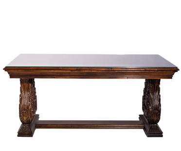 Hickory White Carved Library Table/Desk: Library Table/Desk with gorgeous burl, walnut inlaid top with thumb molded border. Center drawer and top rests on two carved supports with embossed acanthus leaf and shells. Flat rectangular base and