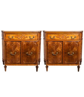 Burl Walnut Marble Top Commodes: Commodes. Pair, circa 1940 with beveled marble tops over single drawer with embossed floral decoration. Cabinet has two doors over sculptured molded base resting on turned carved fluted legs. 37 3/4w