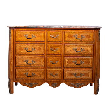 French Marble Top Inlaid Commode: Commode. 20th century, marble top over 12 drawers. Kingswood and birdseye maple veneers with maple string inlay. Bronze sculptured pulls, mounts and ormolu's. Dovetail construction. 51w x 20 1/2d x