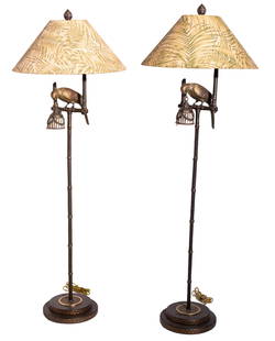 Frederick Cooper Parrot Floor Lamps: Floor Lamps. Pair Frederick Cooper, USA. 1970's. Cast patinated metal linen, brass. Manufacture's label to socket. Label to shade. 22dia x 64 1/2h.