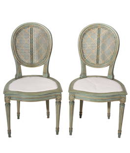 French Country Accent Chairs: Side Chairs. Blue-grey country French accent chairs with oval cane backs and fluted legs. 19 1/2w x 21d x 37h, SH-17 1/2.