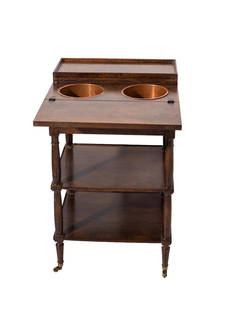 Rafraichissoir Wine Cooler Table Baker Furniture Company: Wine Cooler Table. Flip top with two copper wine collars and side drawer. Dovetail construction with turned supports and legs. Manufacture's label to drawer. 17 3/4w x 15 1/4d x 29 1/4h, Open- 17