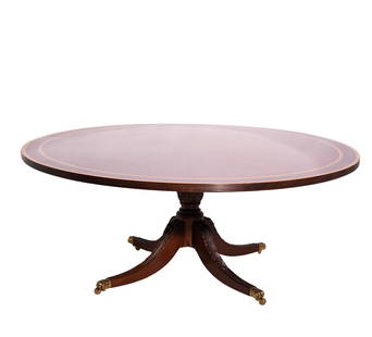 Outstanding Round Mahogany Dining Table: Dining Table. With single pedestal base. (Great for tucking chairs in all the way!) Carved acanthus leaf base and gorgeous top with double satin band inlay. Ribbed border. 72dia x 29 1/4h.