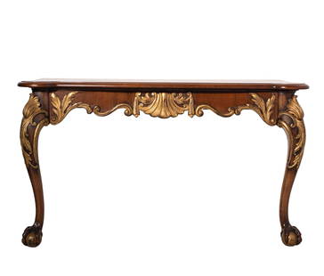 Custom Wall Mount Carved Console Table: Mahogany Console. With shaped top with carved acanthus leaf apron over cabriole legs, carved accents and ball and claw feet. 53w x 19 1/4d x 29 1/4h.