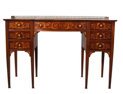 Johnson Bros. Mahogany Inlaid Vanity: Vanity. Circa 1940 with scalloped front top with pierced brass gallery. Top rest over seven drawers with maple scrolling leaf inlay. Original brass turned pulls and corner joints with fan inlay.