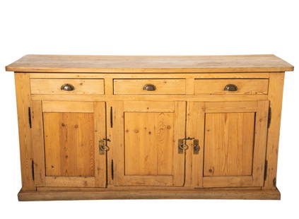 Pine Country Store Counter Cabinet: Cabinet. Country French style with dovetail construction top over 3 drawers above 3 doors with brass accents and pulls. Cabinet rests on molded base and exceptional paneled back so cabinet can be used