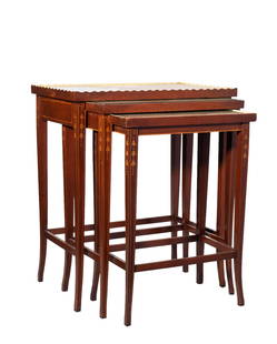 Mahogany Belflower Inlaid Nesting Tables: Nesting Tables. Set of 3, hand decorated tops with scalloped borders. Flat aprons over curved tapering square legs with box stretchers. Largest- 21 1/2w x 13 1/2 x 25 1/4h. Middle- 18 1/2w x 11 3/8d x