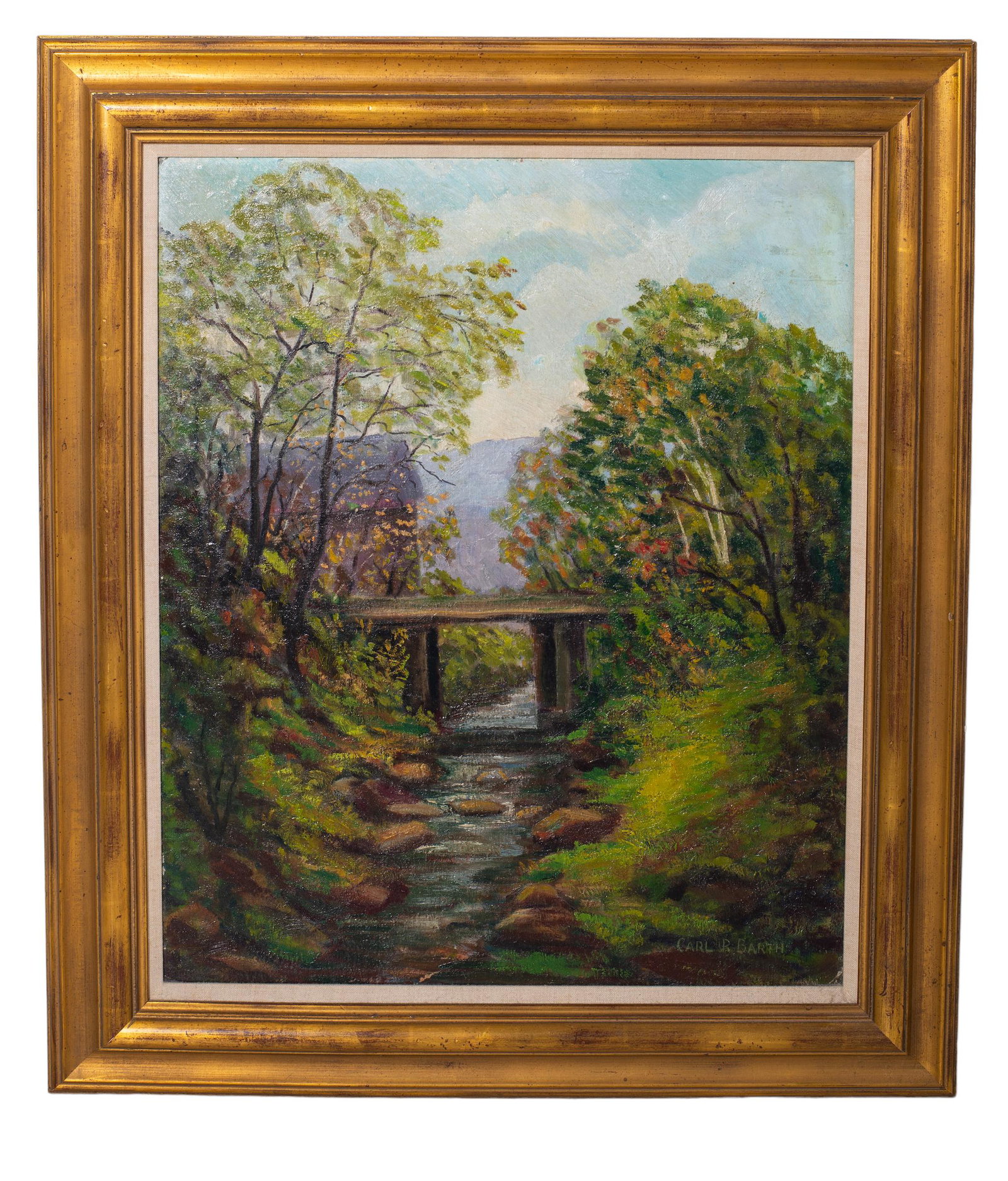 Carl R. Barth (20th Century) Oil: Oil. On board, "Woodland Brook". Signed lower right. Housed in gold frame. Sight- 24 x 20, Frame- 30 1/4 x 26 1/4.