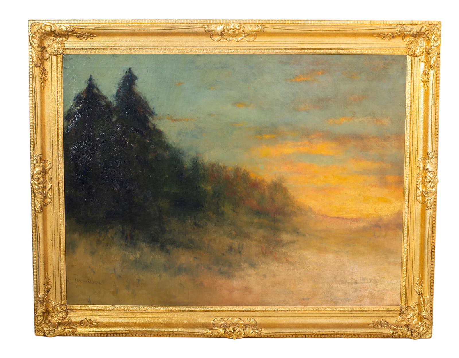Oil, Impressionist Sunrise: Oil. On canvas, untitled, sunrise. Signed lower left, illegible. Swain's Art Store Label to verso, Plainfield, NJ, New Hope, PA. Sight- 30 x 40, Frame- 37 1/4 x 47 1/2.