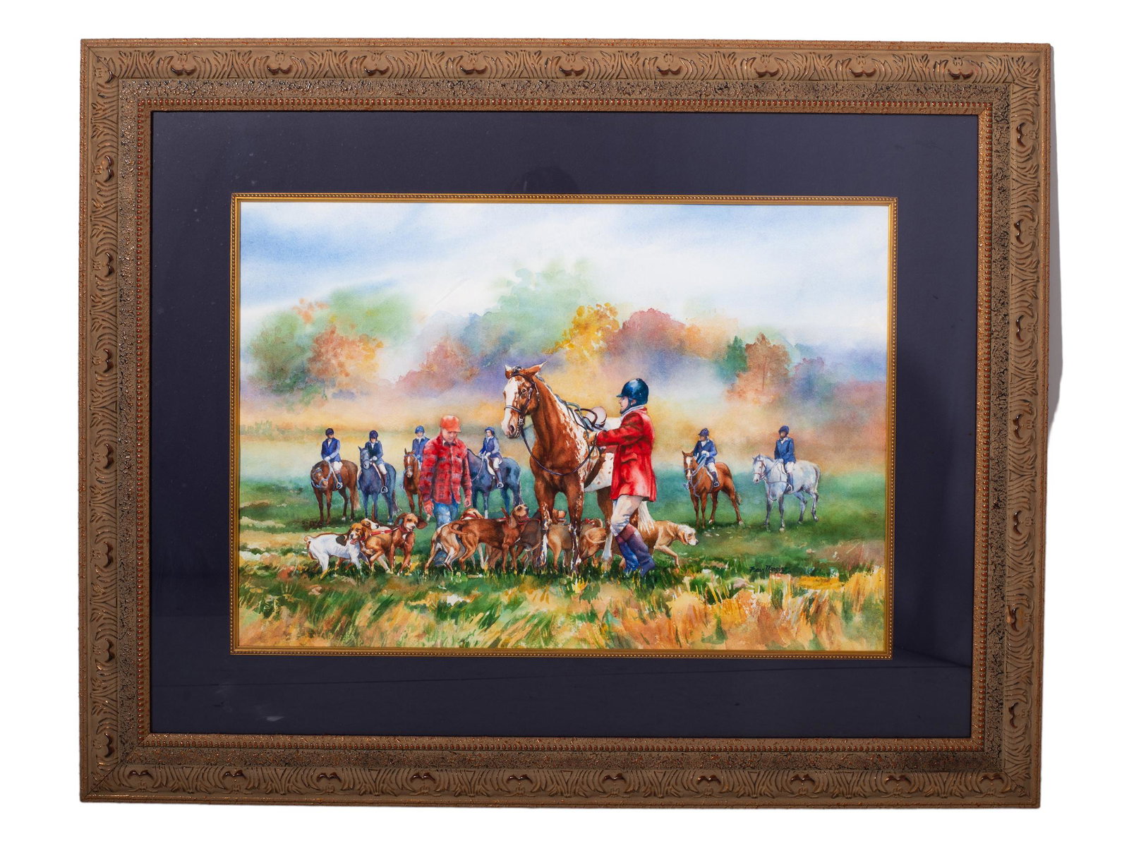Fran Mangino (20th Century) Watercolor (USA): Watercolor. On paper, untitled, Equestrian going on a hunt. Signed lower right. Sight- 16 1/2 x 24, Frame- 28 3/4 x 36 1/4.