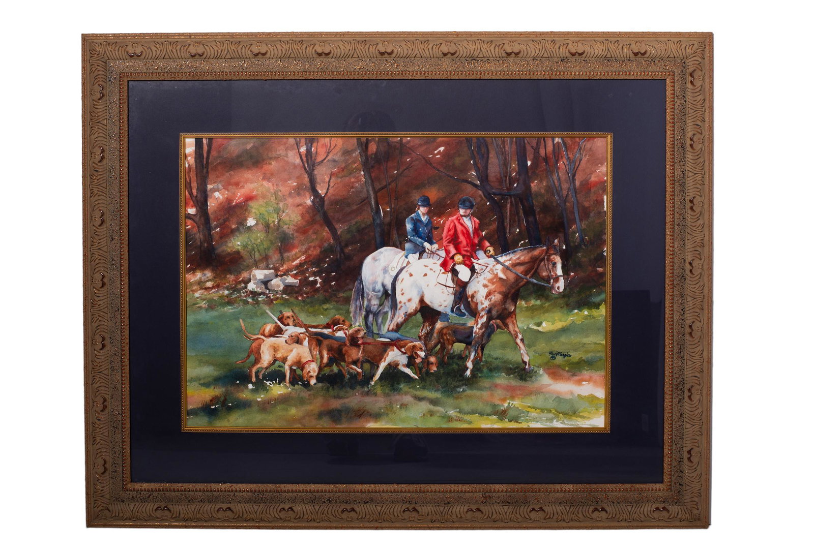 Fran Mangino (20th Century) Watercolor (USA): Watercolor. On paper, untitled, Equestrian going on a hunt. Signed lower right. Sight- 16 3/4 x 24, Frame- 28 1/2 x 36 1/2.