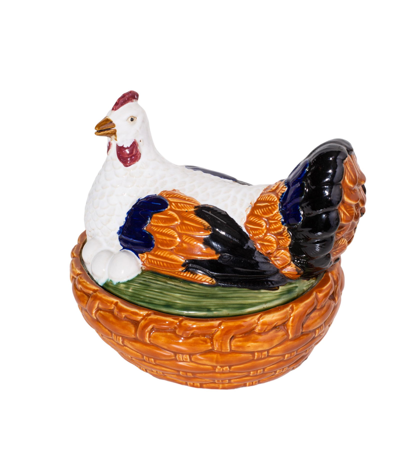 Large 19th Century Staffordshire Hen On Nest: Staffordshire hen on nest on brown basket. 19th Century. 13w x 10d x 11 1/2h.
