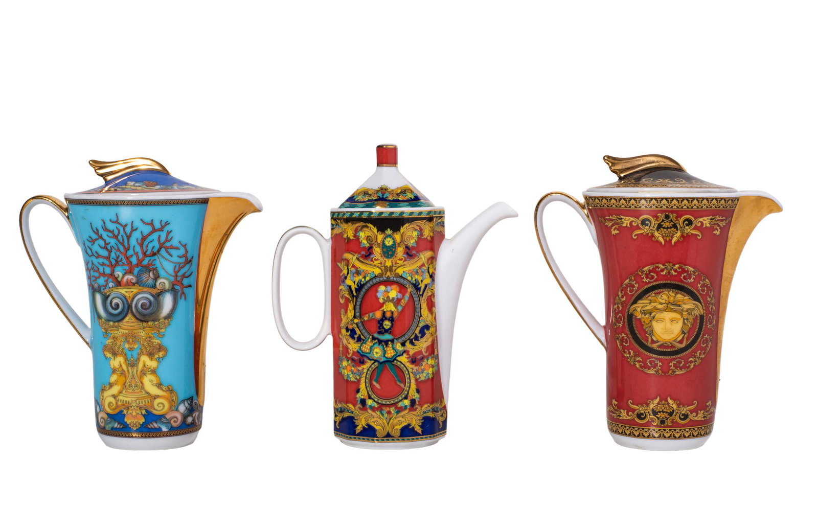 Versace Rothenthal Medusa Individual Creamers: creamers, set of 3, Tothenthal Versace design to underside. Blue and burgundy ground with medusa design.