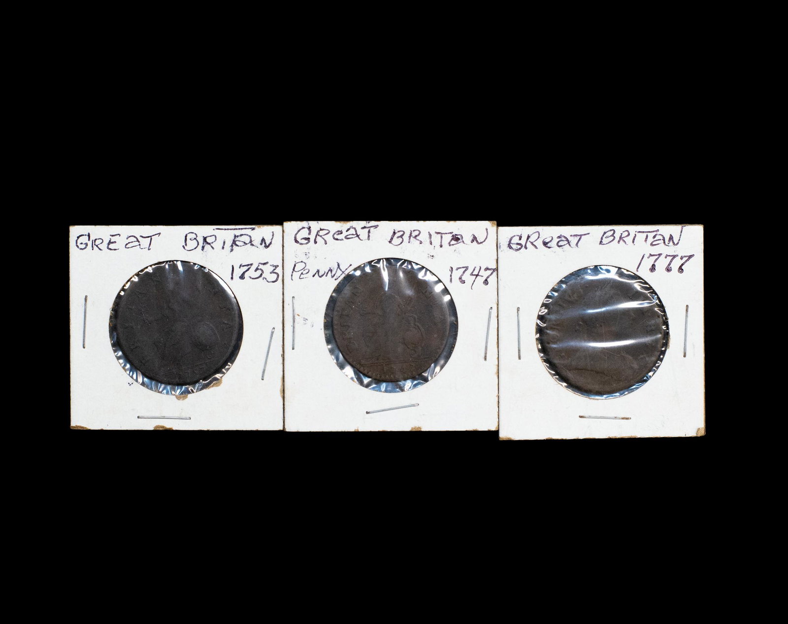 Great Britain 1700s Penny Group King George Era: (3) coins total; (1) 1747, (1) 1753, (1) 1777