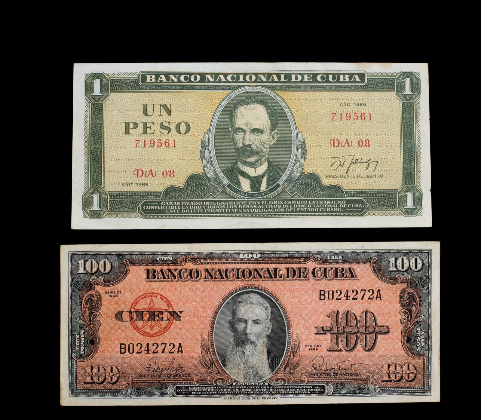 1959 Cuba 100 Pesos Banknote Plus: (2) paper bills; (1) 100 Pesos Cubano banknote, (1) 1 Peso Cubano 1986