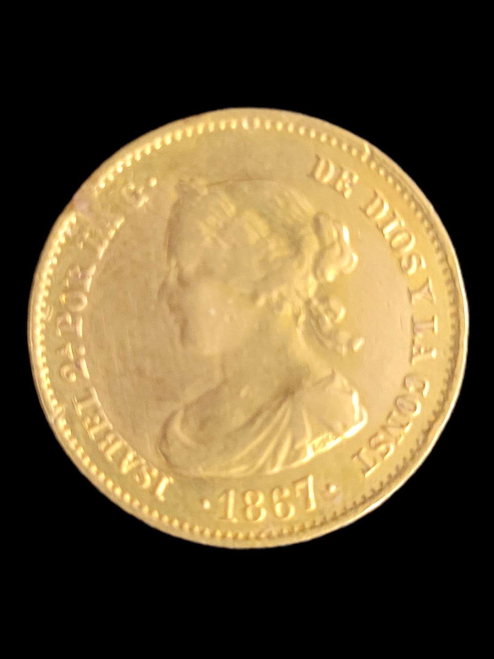 1867 Spain 4 Escudos Gold Coin: 1867 Spain 4 Escudos Gold Coin, queen Isabel