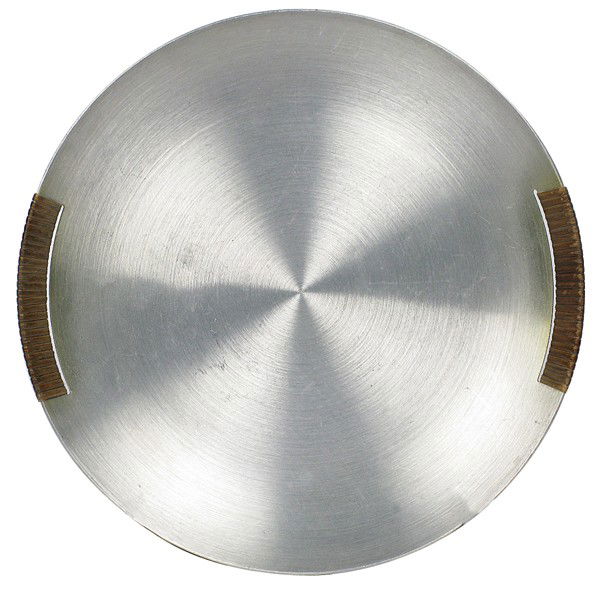 Russel Wright Platter: Spun aluminum round tray with two rattan wrapped handles, signed Russel Wright Size: 14.75