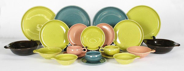 Russel Wright: Eighty Seven Pieces of assorted colors, 9 luncheon, 15 cups and saucers, 15 bread, 16 dinner, 3 brown vegetable bowls, 11 small soup, 3 pink soup, 15 soup or vegetable