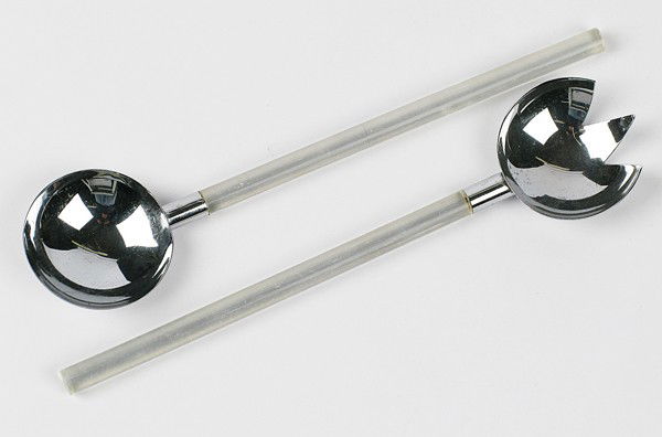 Rare Russel Wright Serving Utensils: Early and fine,The only example of these utensils is documented and located at the Brooklyn Musuem of Art, New York, Lucite and silver plate Size: 11.75