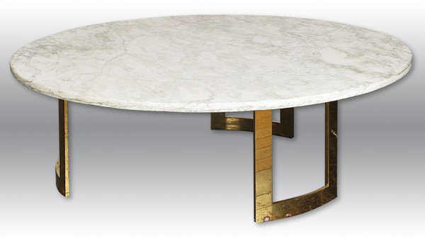 Harvey Probber Coffee Table: Round white marble on three sculptured brass rectangular legs, very elegant form Size: 48 x 16.25h x 48