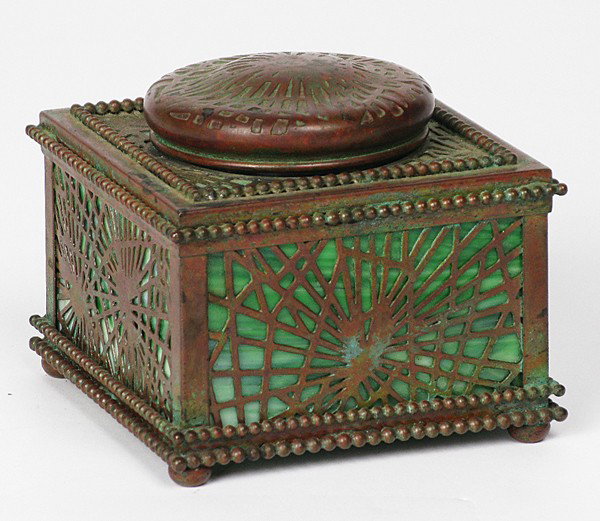 Tiffany Studio Ink Stand: Pine Cone Pattern, green slag glass with original bakelite and glass insert , stamped Tiffany Studios/New York #844 Size: 4 x 3.5