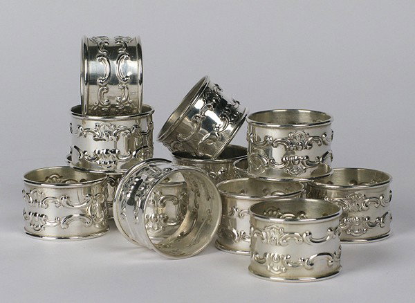 Thirteen Gorham Sterling Napkin Rings: Set of thirteen ornate sterling matching napkin rings, # 1150, 3 ozt. Size: 1.75