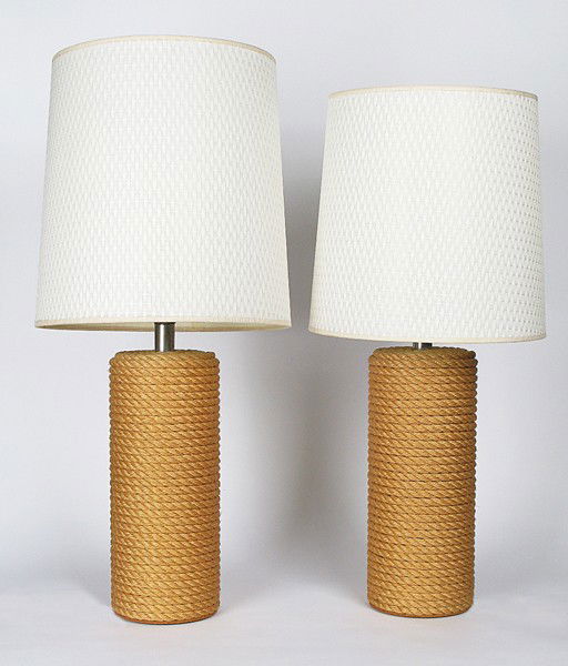 George Kovacs Lamps: Pair of turned rope over chrome plated metal table lamps with shades Size: 29h