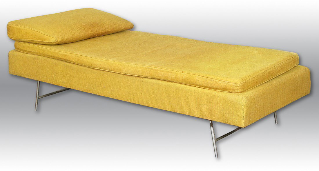 George Nelson and Associated Day Beds: Pair early George Nelson for Herman Miller thin edge aluminum legs day beds, original upholstery, labels and slip covers, Model # 1946, Literature Herman Miller Interior Views, Leslie Pina, pg. 144 Si