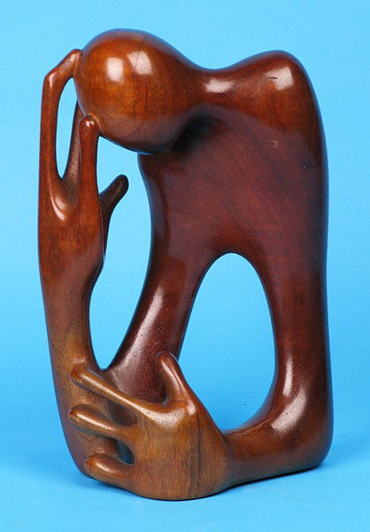 Leo Amino Sculpture: Wood sculpture in form of a person in abstract form, signed, New York 1911-1989, 13h x 8w x 5d