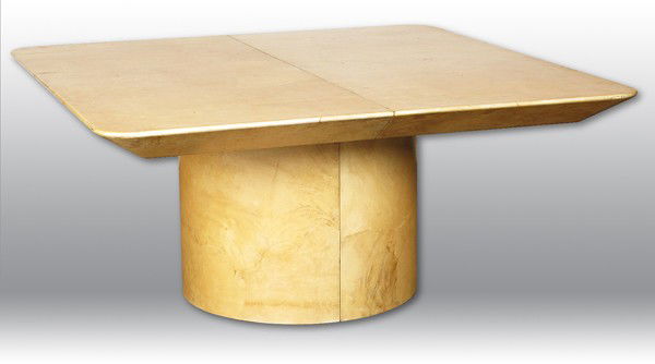 Karl Springer Dining Table: Massive lacquered goat skin, double pedestal base, beveled under size, two leaves, dated 1977 Size: 29h x 63l x 63w, two 22" leaves