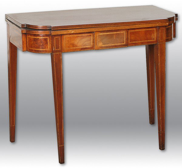 Inlaid Mahogany Hepplewhite Game Table: Circa 1790-1810, New England, swing leg, central front drawer, old refinish with good color, cross banded and string inlay, poplar secondary wood Size: 35.75 x 17.5 (closed) x 35 (open) x 29.5h From t