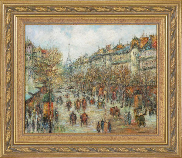 Tomas Aceves, Oil: Oil on canvas, Paris street scene, 19th c Spanish artist Size: 20 x 23.75
