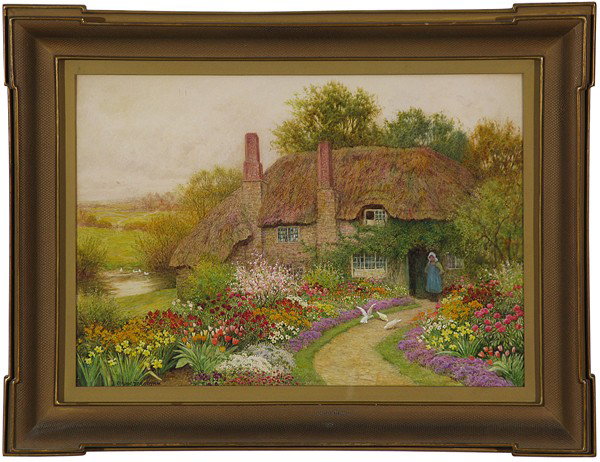 Claude Strachan, Watercolor: Watercolor, thatched cottage amidst flowers, 20th c, English School Size: 15 x 21 From the Estate of Henry S. Paulin