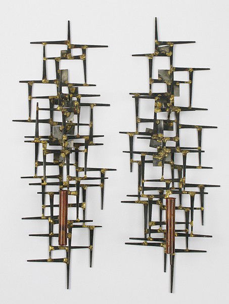 Silas Seandel Style Sconces: Pair Nail sculpture sconces welded together, unsigned Size: 20.25h x 7.75w x 4d