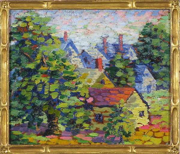 Oil on Board, Dixie Seldon /Bessie Wessel (Attr): Great colors, Houses, trees, impressionistic, Attributed to Dixie Seldon Size: 7.5 x 9.5