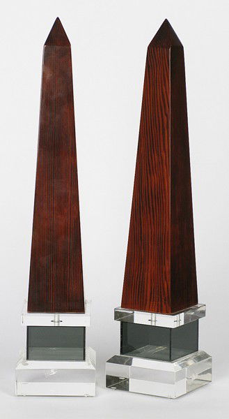 Pair Obelisks: Pair exotic lacquered wood tinted Lucite and clear Size: 21t x 4.5 x 4.5