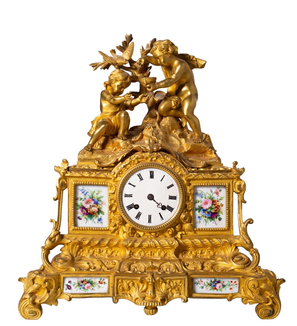 French Gilt Bronze & Porcelain Figural Mantel Clock (1 of 5)