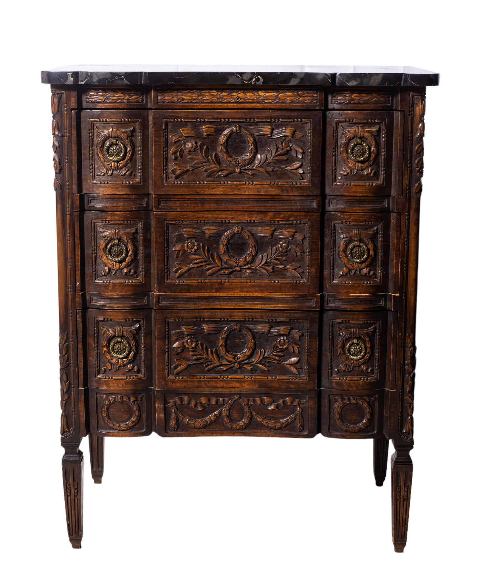 Louis XV Style Marble Top Chest: Marble top chest. In mahogany with black Italian marble top, over three dovetailed drawers, original cast brass pulls, paneled ends, matching carving on front apron, floral carved stiles, square taper